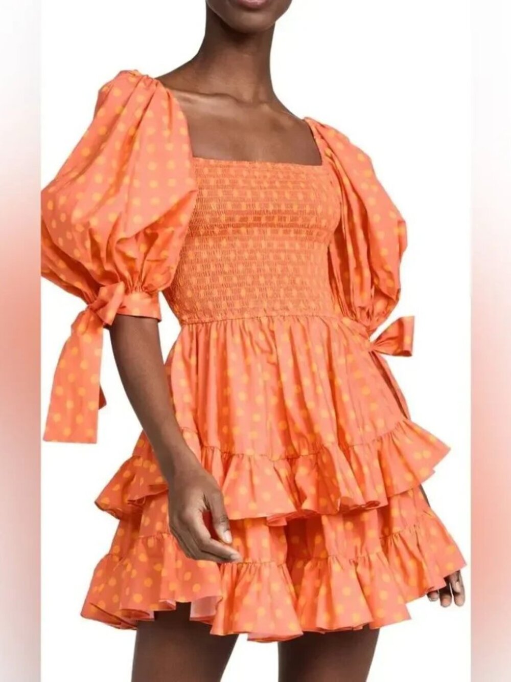 Caroline Constas Finley Mini Dress Orange Polka Dot Smocked Tiered puff sleeves